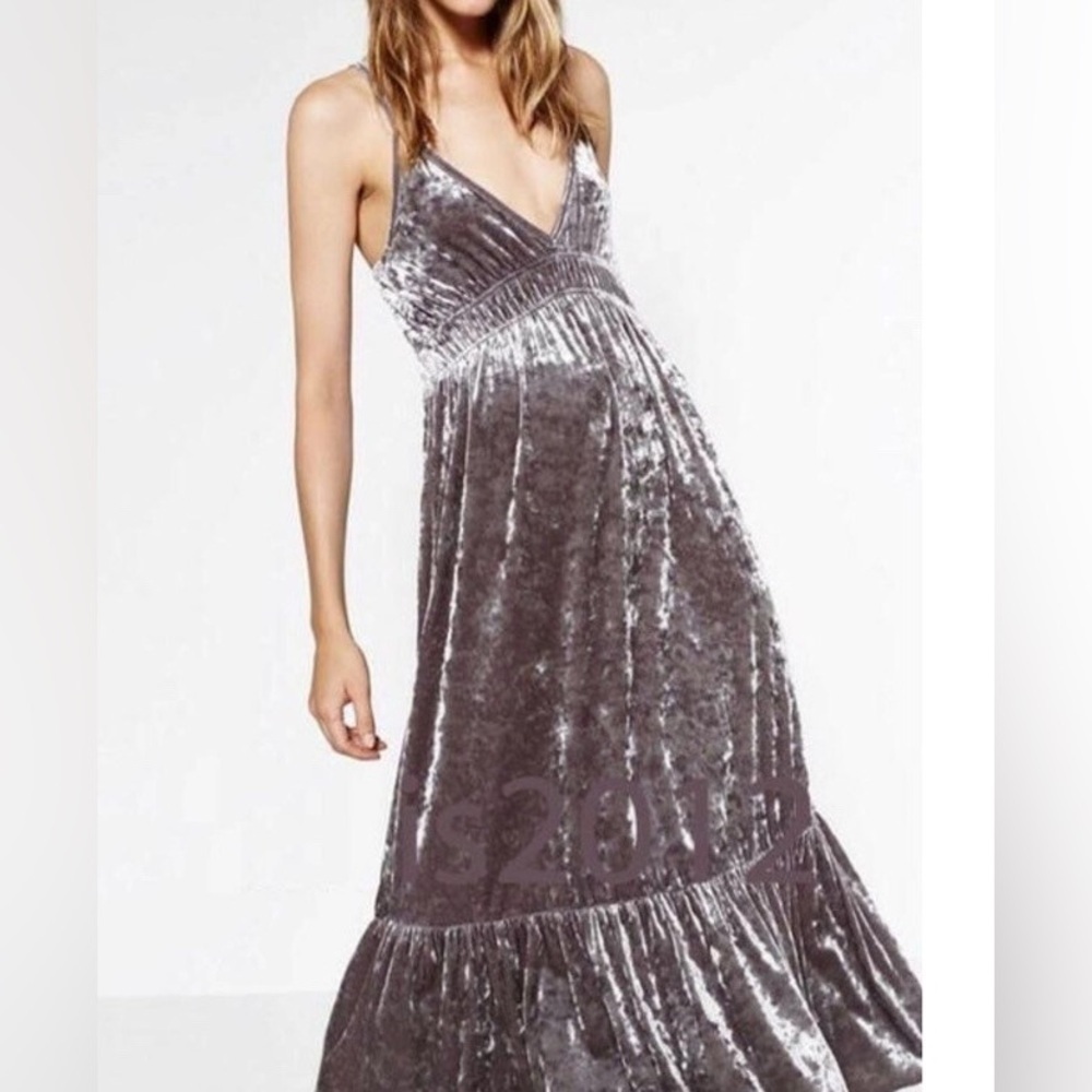 [S]Zara Shimmering Gray Crushed Velvet Dress emperor waist